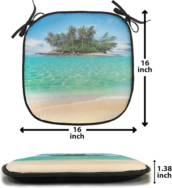 Lunarable Island Chair Cushion Pads Set of 2, Tropical Island Sandy Seaside Clear Water Honeymoon Destination Waterscape, Anti-Slip Seat Padding for Kitchen & Patio, 16"x16", Cream Blue Green