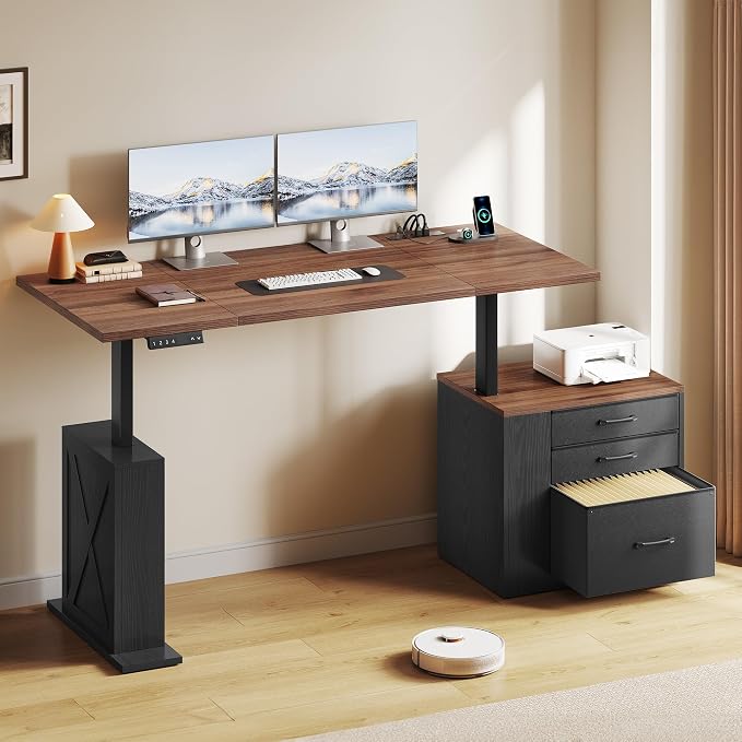 75.5'' Electric Standing Desk with Drawers, Farmhouse Height Adjustable Corner Desk, Sit Stand Office Desk with 4 AC Outlets & Type C Port, Executive Computer Desk, Brown & Black
