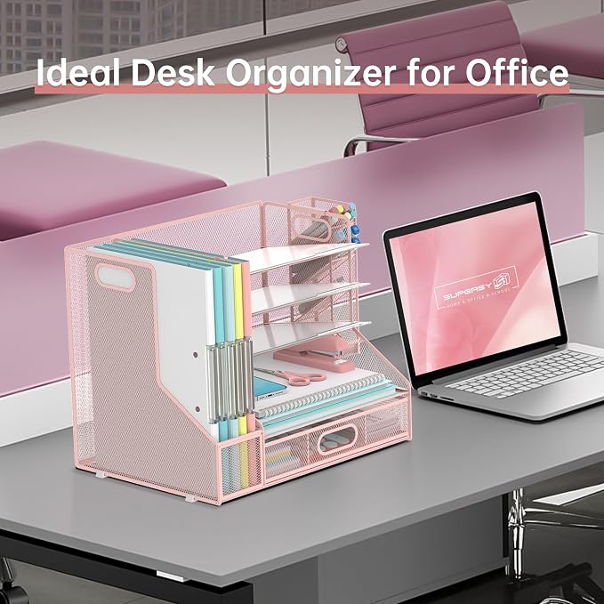 Desk Organizer with 5 Tier File Holder and Sliding Drawer Pen Holder Pink | Paper Letter Tray with 3 Tilted File Sorters to Keep Desk Accessories and Office Supplies within Reach