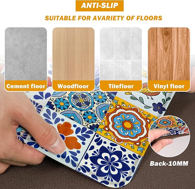 weesire Boho Kitchen Rugs Set 2 Pieces Memory Foam Colorful Ceramic Comfort Tile Floor Mat Anti Fatigue Non-Skid PVC Runner Rug Water & Oil Proof Carpet for Kitchen Laundry Sink,17.3x28+17.3x47 Inch