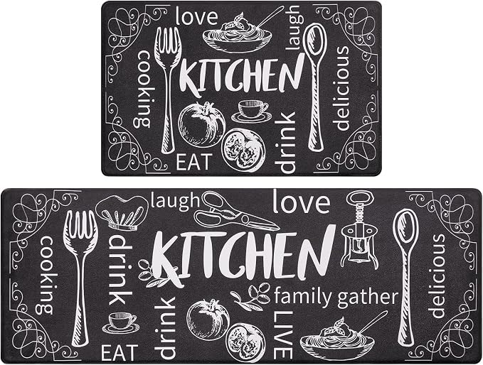 HEBE Kitchen Rugs Set of 2, Cushioned Anti Fatigue Kitchen Mats for Floor, Non Slip Waterproof Comfort Standing Desk Mat Carpet for Sink, Stove, Laundry Room, Black