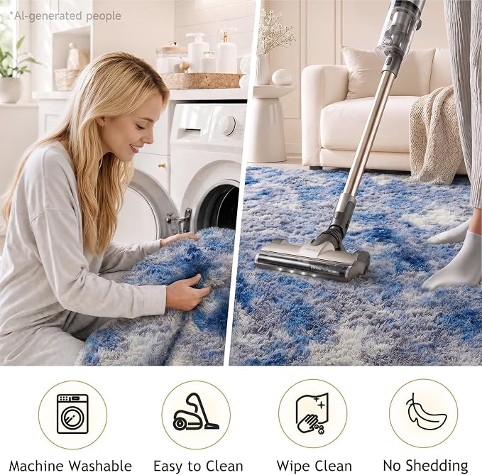 Ophanie 9x12 Blue and Gray Area Rugs for Living Room,Large Navy Grey White Fluffy Shag Fuzzy Plush Soft Carpets,Floor Shaggy Rugs for Bedroom,Carpet for Kids Dorm Decor with Over 99 pcs Pile fibers