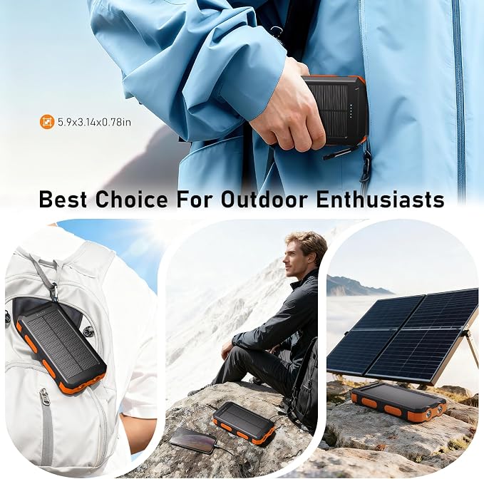 Durecopow Solar Charger Power Bank 20,000mAh, Portable Charger, 4 Cables 3 Ports Fast Charging External Battery Pack with USB C for Cell Phones, Solar Panel Charger with Dual Flashlight for Camping