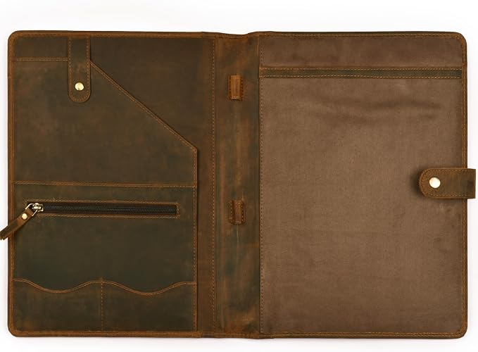 Genuine Leather Portfolio – Brown Professional Organizer & Resume Folder, Antique Leather Business Document Padfolio with Writing Pad, Ideal Gift for Men & Women