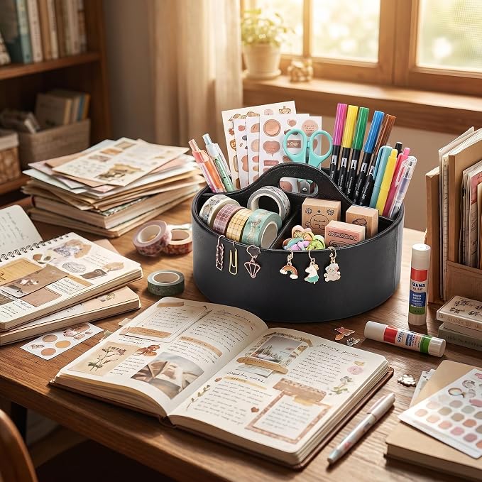 360° Rotating Leather Desk Storage Organizer with 6 Slots and Handle Extra-large Pen Holder Spinning Pencil Storage Lazy Susan Organizer Office Desk Supplies Marker, Art Supply(Black)