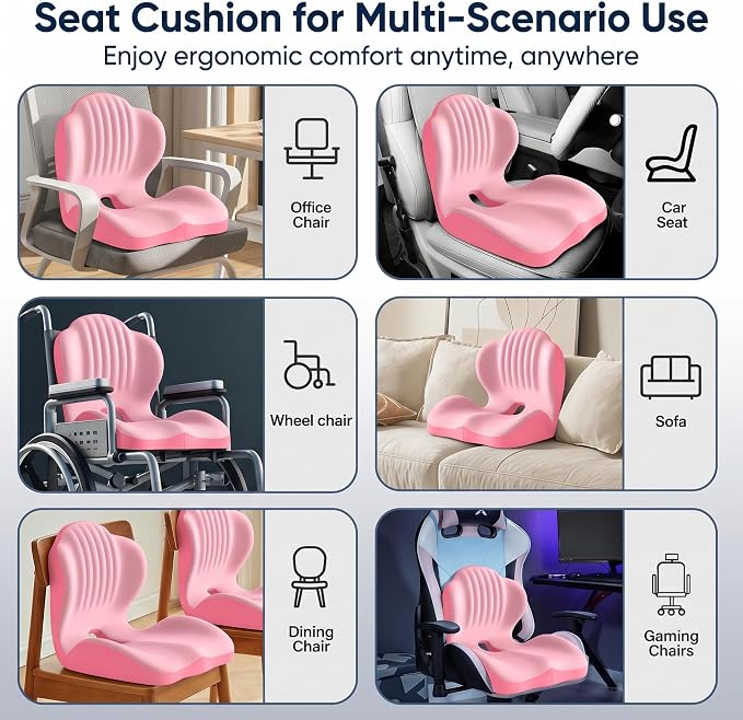Ergonomic Lumbar & Seat Support Cushion, 2-in-1 Memory Foam Cushion with Coccyx Hollow Design for Office Chair, Car Seat, Home Use - Relieves Back & Hip Pain (Pink)