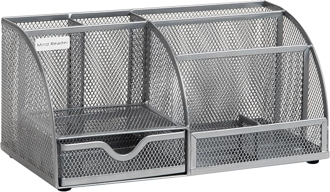 Mind Reader 7-Compartment Desktop Organizer, Metal Mesh Desk Organizer for Pens, Sticky Notes, Mail and Office Supplies, Silver