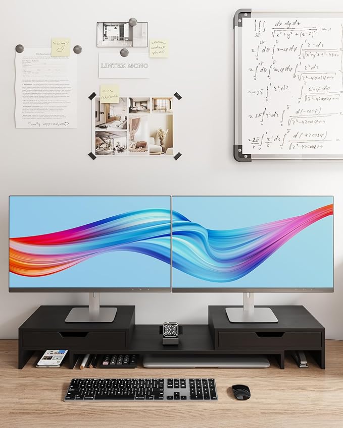 Epesoware Dual Monitor Riser with Two Drawer for Desk, No Assembly Required | Premium Bamboo Dual Monitor Stand with Storage, Desk Monitor Shelf for Computer, IMac & Laptop, Desk Organizer, Black