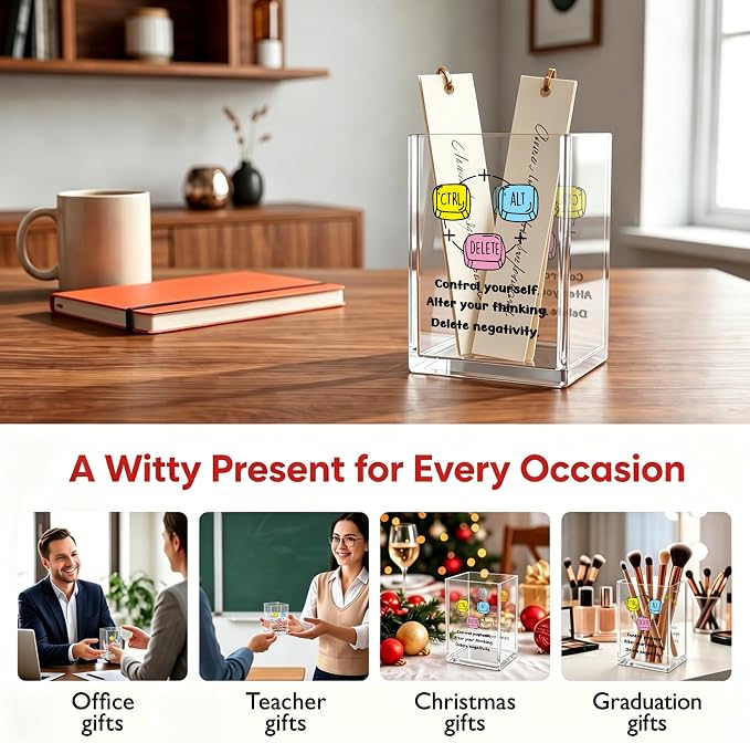Cute Keyboard Office Acrylic Cosmetic Pen Pencil Holder Cup, Control Yourself Alter Thinking Delete Negativity Pencil Organizer, Funny Desk Accessories, Inspirational Gift Women Men(A12)