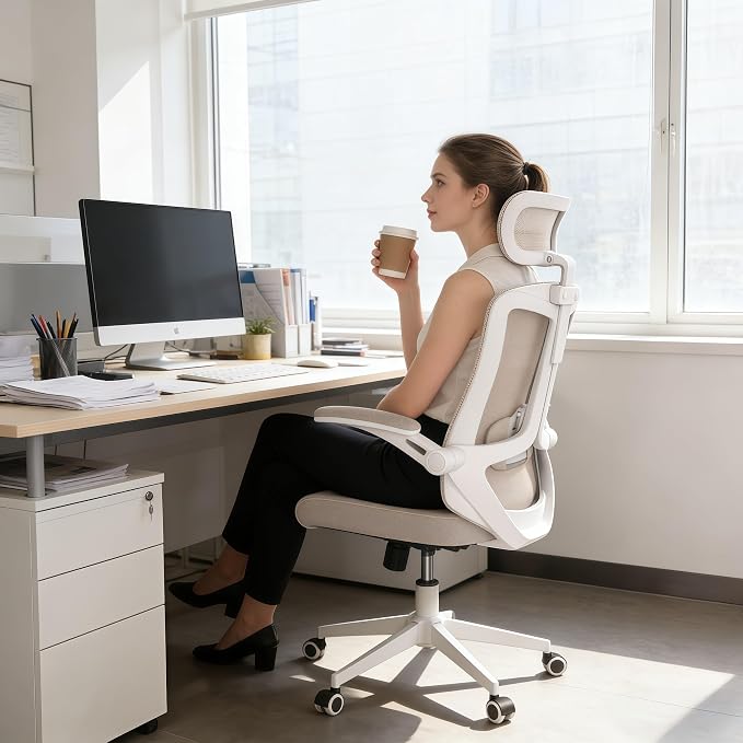 Ergonomic Office Chair - 350LB Comfy Desk Chairs with Adjustable Headrest and Lumbar Back Support, Mesh Computer Chairs with Wheels and Arms for Home Office, Study (Khaki-with Headrest)