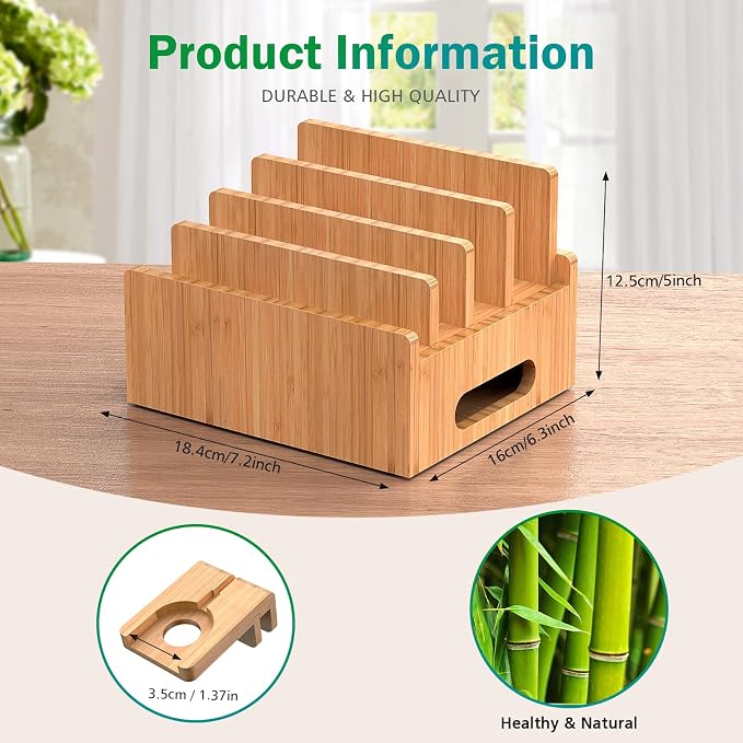 Pezin & Hulin Cell Phone Charging Stations with Watch Holder | Bamboo Dock Organizer for Multi Devices, Tablets, Smart Watch, No Power Charger Supply