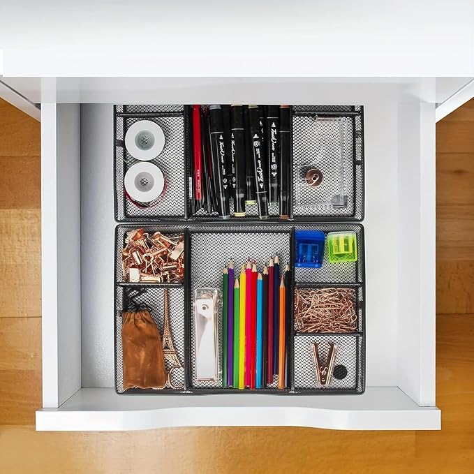 VyGrow Desk Drawer Organizer Tray, Metal Mesh Drawer Organizers Office, 6 Adjustable Compartment, Desk Organizer Tray for Home Office 12.87L x 8.73D x 1.96H inch, Black, 1PC Medium