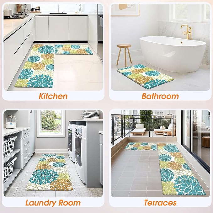 StepLively Kitchen Mats for Floor 2PCS, Anti Fatigue Mats for Kitchen Floor, Kitchen Accessories for Sink, Office, Laundry, 17.3"×30"+17.3"×47", Yellow and Green