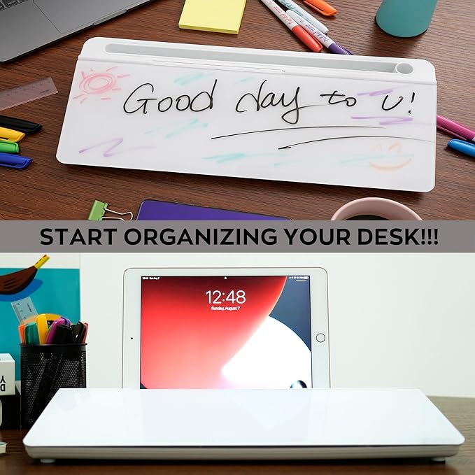 Desktop Glass Whiteboard Set with 3 Colors Markers and 1 Eraser,Desk Dry Erase Glass Whiteboard for Home Office and School Accessories Supplies with Storage Caddy for Computer Keyboard Stand.