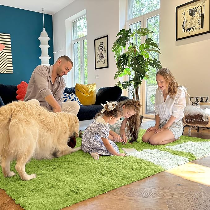 OLANLY 5x7 Machine Washable Large Area Rugs for Living Room, Bedroom, Soft Fluffy Shaggy Bedside Rug, Indoor Floor Carpet for Kids Girls and Boys, Dorms, Nursery, Home Decor Aesthetic, Grass Green