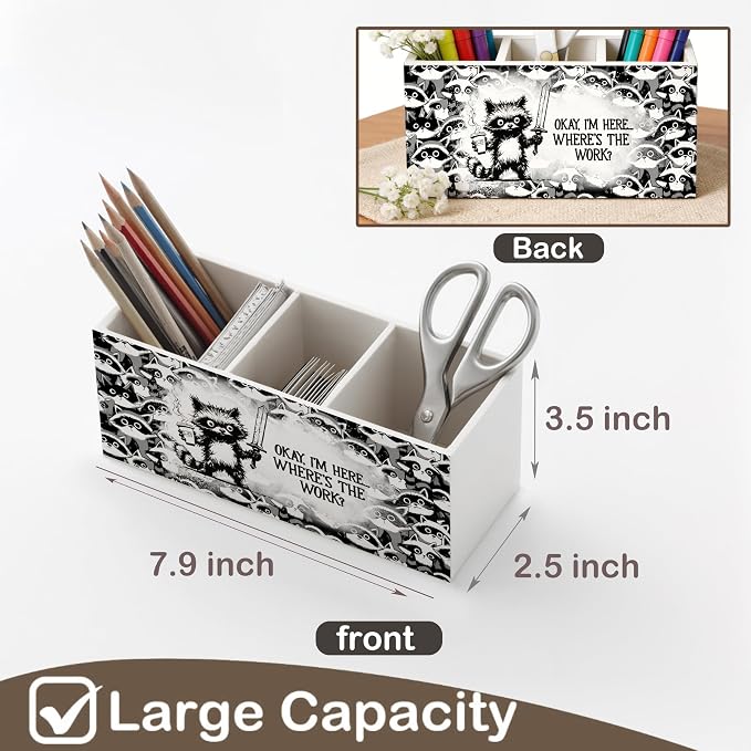Raccoon Office Wooden Pen Holder for Desk, Gifts for Raccoon Lovers, Where's the Work Humor Trash Panda Pencil Organizer Wooden Box Sign for Office Workplace Home Decoration