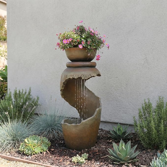 Sunlinua Outdoor Water Fountain with LED Light, Modern Spiral Tiered Outdoor Fountain with Stone Planter Curved Freestanding Waterfall Fountains for Garden Patio Deck Porch
