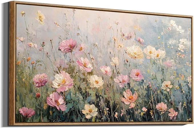InSimSea Extra Large Framed Vintage Wall Art, Living Room Country Farmhouse Decor, Spring Wildflowers Field Landscape Canvas Prints, Retro Scenery Long Pictures for Bedroom Above of Bed,20x40inch
