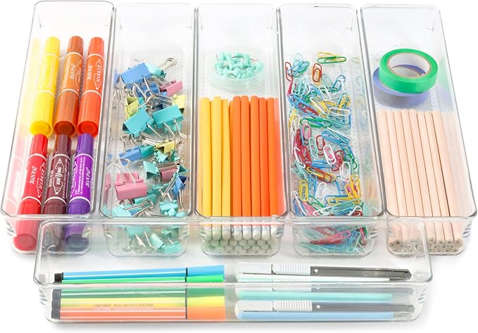 6 Set Clear Plastic Junk Drawer Organizer Vanity Curlery Utensil Makeups Organizer for Kitchen 12'' X 3''