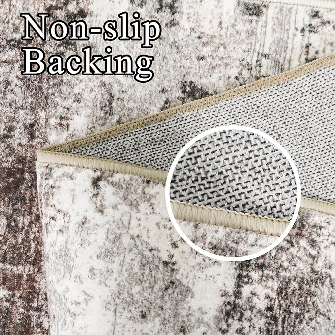 Washable Abstract Area Rug 3X5 - Rugs for Living Room Non Slip Indoor Entryway Rubber Backing Carpet Bedroom Kitchen Distressed Stain Resistant Floor Decor Mat Machine Washable 3X5 Brick/Brown/Beige