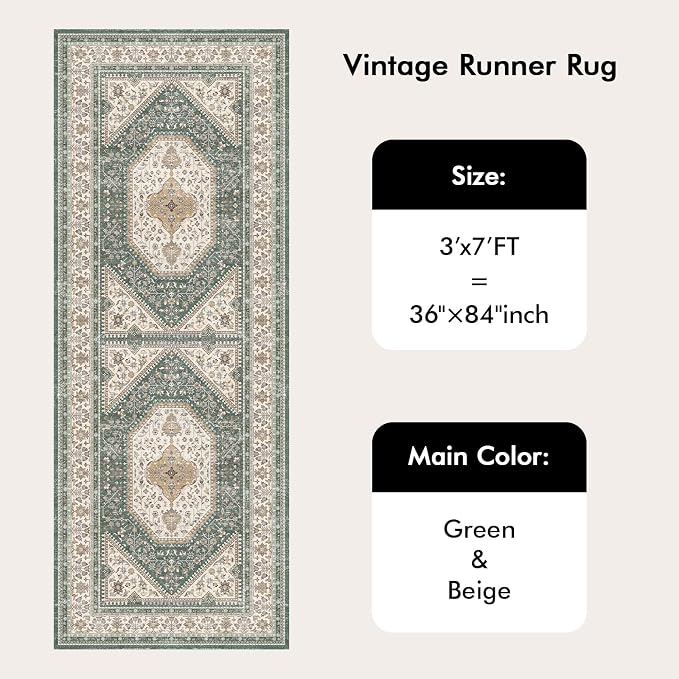 3x7 Runner Rug for Hallway Washable: Non Slip Kitchen Rugs with Rubber Backing Soft Waterproof Wide Mats Stain Resistant Low Pile Carpet for Entryway Bedroom Bathroom Laundry Home Decor Green/Beige