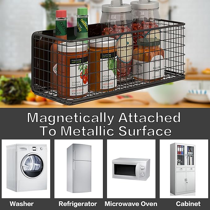 Magnetic Basket Fridge Large Magnetic Pen Holder Whiteboard Metal Wire Basket Storage Item Organizer (Black-Low)
