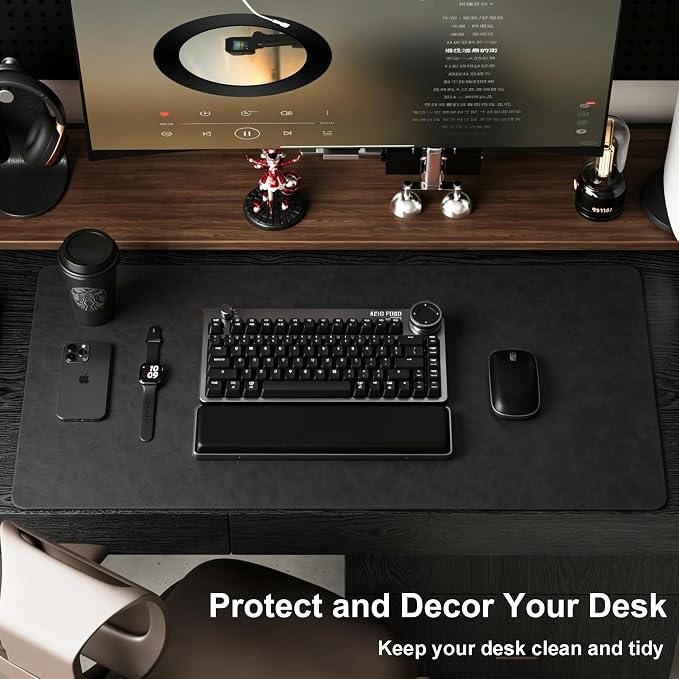 Distressed Leather Desk Mat - Non-Slip PU Leather Desk Pad Protector - Large Waterproof Mouse Pad Computer Keyboard Desk Mat Desk Accessories for Office & Home (Black, 31.5"x 15.7")