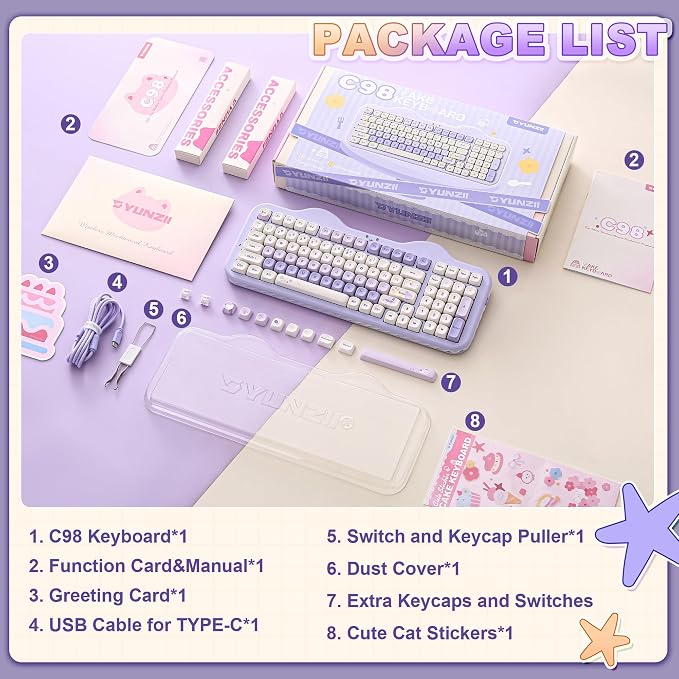 YUNZII C98 Wireless Mechanical Keyboard with Number Pad,99 Key BT5.0/2.4G/USB-C Hot Swap Gasket Mount with PBT MOA Keycaps,Custom RGB,Cute Cake Keyboard for Win/Mac (Purple, Candy Linear Switch)