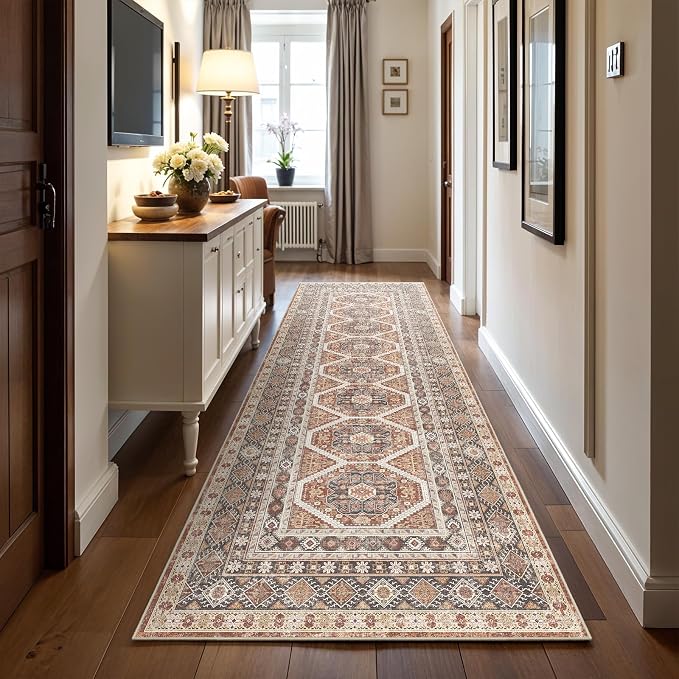 3x10 Runner Rug Kitchen Washable: Oriental Indoor Hallway Runners with Non Slip Backing Floor Mat for Entryway Door Low Pile Thin Carpet for Bedroom Bathroom Living Room Bedside Brick