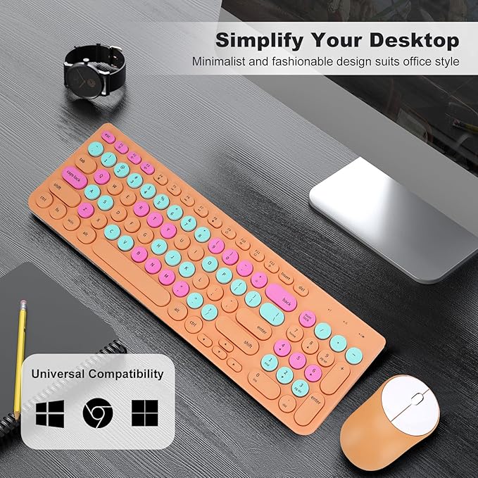 Wireless Keyboard and Mouse Combo, Retro Typewriter Keyboard with Round Keycaps, 2.4GHz USB Cute Wireless Keyboard Mouse for Computer, Desktop, Laptop and Computer (Orange Colorful)