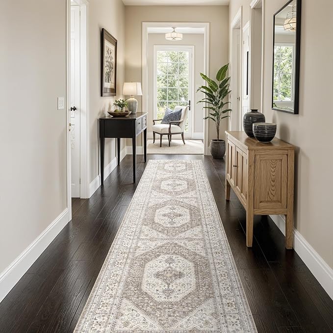 3x12 Washable Hallway Runner Rug:Oriental Indoor Kitchen Rugs Vintage Door Mat Non Slip with Rubber Backing Low Pile Thin Carpet for Bedroom Bathroom Living Room Bedside (3x12 Brown/Beige)
