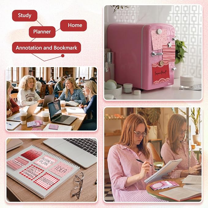 9 Pcs Aesthetic Sticky Notes Cute Pastel Self Stick Notepads Easy to Post Desk Supplies for Home Office Decor School Accessories Women Birthday Coworker Gifts(Red)