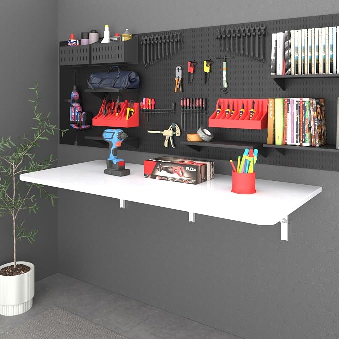 IAE 55" x 22" Floating Foldable Desk,Wall-Mounted Folding Computer Table with Engineered Wood,Study Table with Shelf Brackets,Fold Down Shelf,Fold Computer Desk for Small Spaces,Holds 500 lb,White