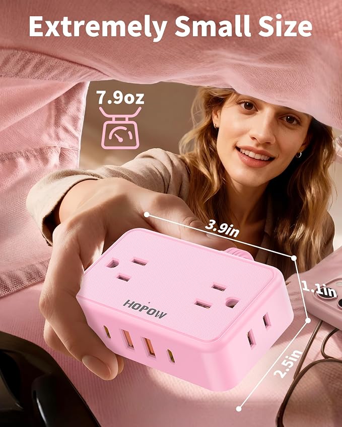HOPOW Pink Extension Cord, 6 Ft Ultra Thin Pink Power Strip, 4 AC Wide Spaced Outlets and 4 USB (2 USB-C) Ports, No Surge Protector for Kawaii Desk Home Room Decor Essentials