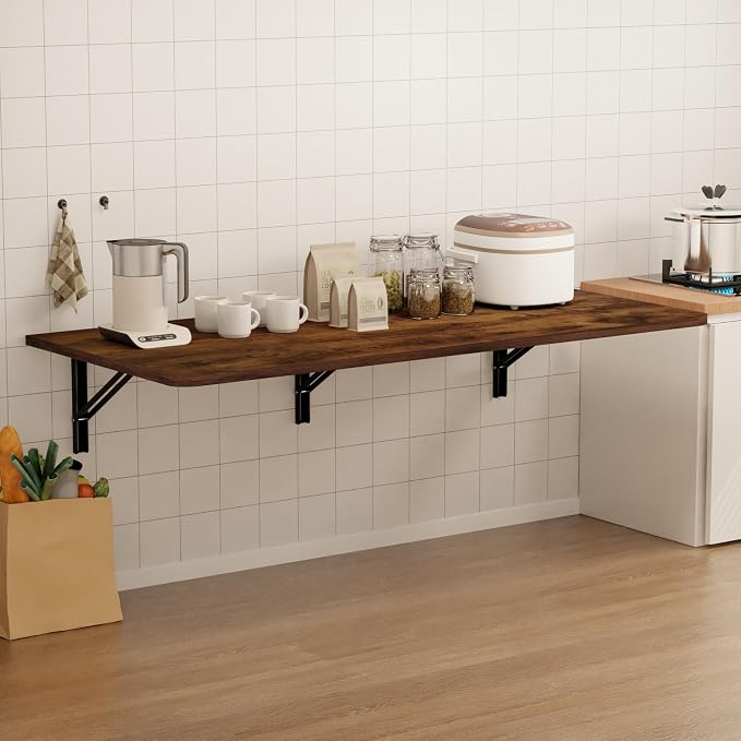 IAE Wall Mounted Floating Foldable Desk, 55" x 22" Folding Computer Workstation Table with Engineered Wood and Metal Shelf Brackets,Fold&Floating Design for Home Office, Apartment,Laundry Room,Rustic