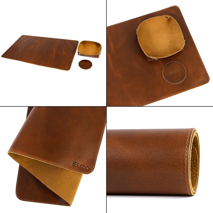Elizo Real Leather Desk Mat Set (24X12) Large Desk Cover Desk Blotter Protector Computer Gaming Mouse Pad Table Laptop Office Desktop Accessories Antique