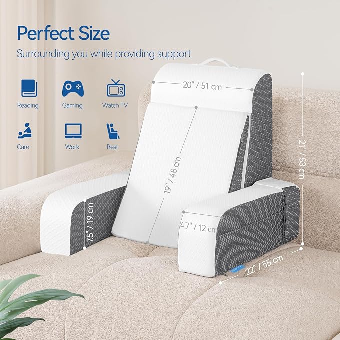 Kayfia Reading Pillow, Gel Memory Foam Back Rest Pillow, 21'', White | 3 Storage Pockets, Dual-Use Back Leg Support Pillow, Detachable Armrests, Ideal for Reading, Gaming, Working on Bed & Couch