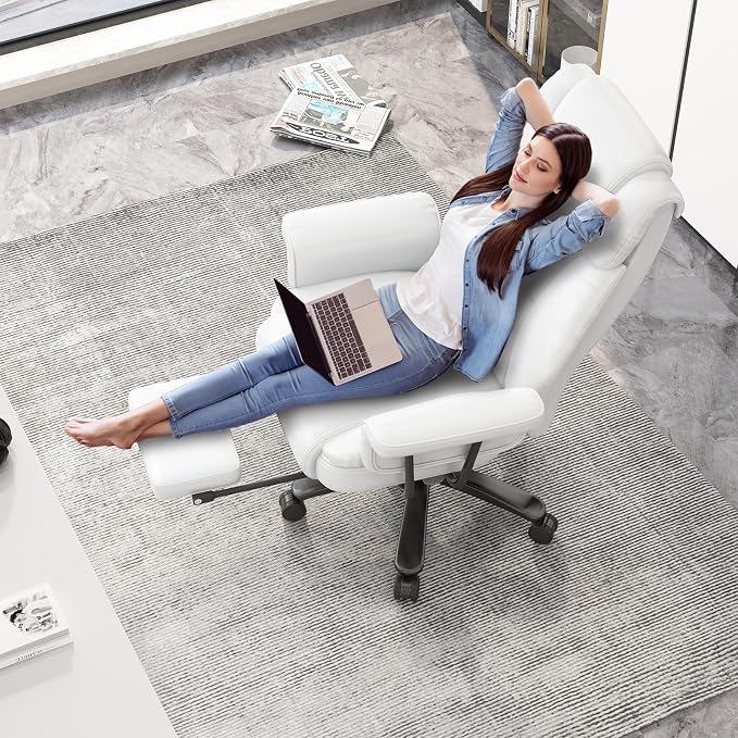 GYI 160 Reclining Office Chair with Footrest, Big & Tall Desk Chair, White | Cross Legged Seat, High Back, Faux Leather, Heavy Duty Base, Adjustable Height, for Home, Executive