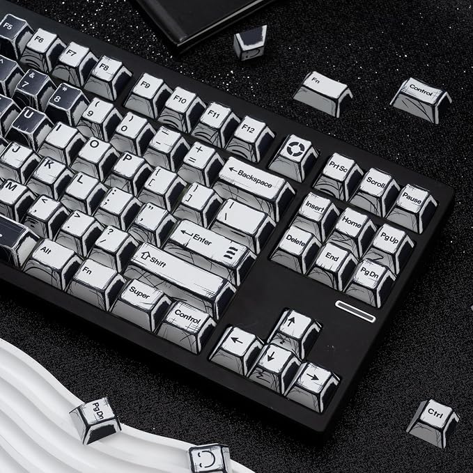 PBT Keycaps, Black and White Manga Style Keycaps Set, 135 Keys Cherry Profile Dye Sub Custom Keycap Minimalis Keyboard Key caps for 60%, 65%, 75%, 100% Cherry MX Mechanical Keyboard