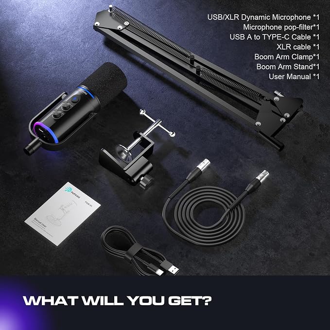 PUPGSIS XLR/USB Podcast Microphone, Gaming Mic with Mute Button, Reverb Effects, Noise Cancellation, Boom Arm Stand, Headphones Jack, Dynamic Microphone for Streaming/Recording/Gaming/Vocal-Black