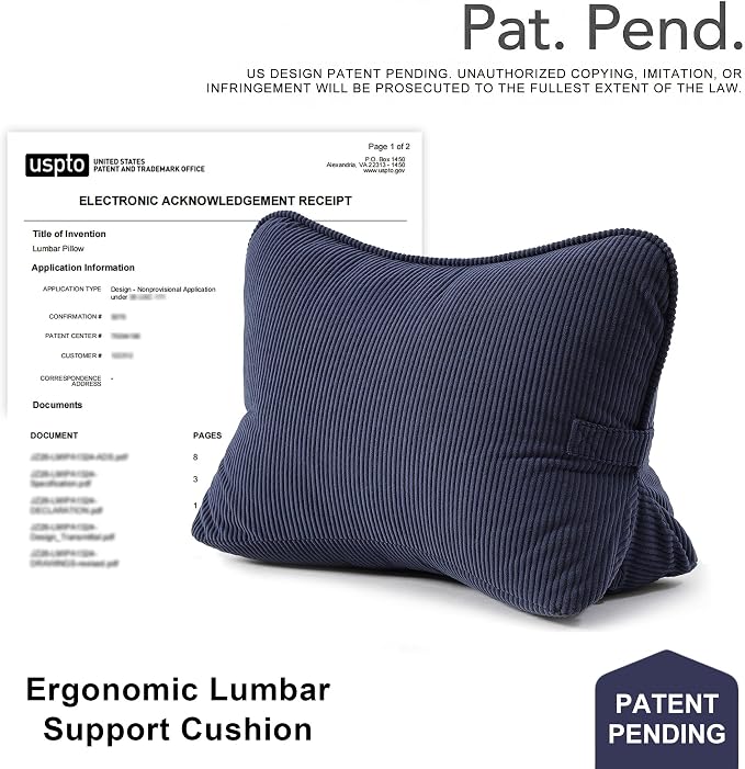 Pat. Pend. Corduroy Wedge Pillow with Lumbar Support, Triangle Cushion for Sofa, Couch, Bed or Recliner, Reading Pillow for Sitting & Relaxing, Navy Blue