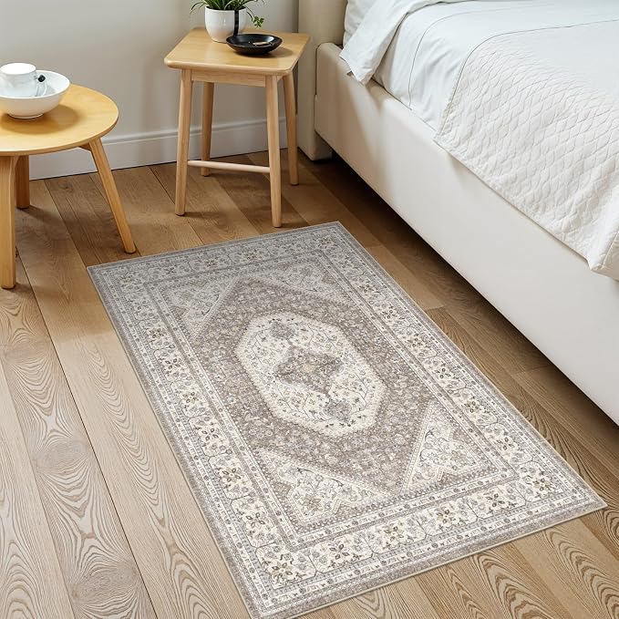 2x3 Washable Small Rug for Entryway: Indoor Vintage Oriental Area Rugs Stain Resistant Door Mat with Non Slip Backing Low Pile Thin Carpet for Bathroom (2x3 Brown/Beige)