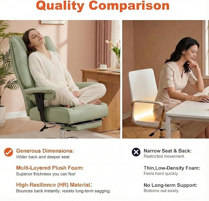 Big and Tall Office Chair 400lbs Wide Seat, Leather High Back Executive Office Chair with Foot Rest, Ergonomic Chairs Lumbar Support for Lower Back Pain Relief (Light Green)