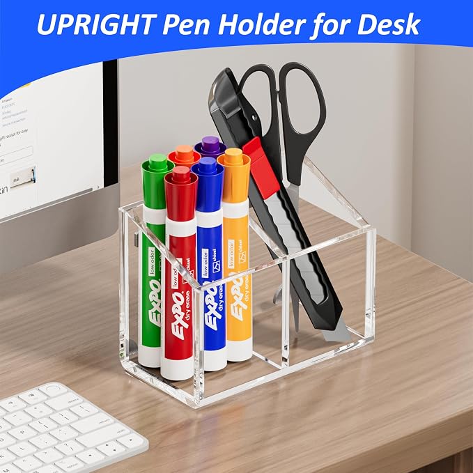 Magnetic Dry Erase Marker Holder for Whiteboard, 2 Slot Pen Holder for Desk | Fridge Refrigerator, Non-slip, Acrylic, Strong, Locker Organizer, Storage Accessories,Clear, Pencil Cup Marker Organizer