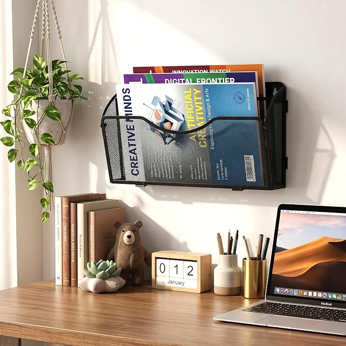 Magnetic File Holder 2 Tier Magnetic File Folder Organizer Folding, Office Hanging Magazine Rack for File Cabinets, Magnetic Paper Holder, No Drilling Mail Organizer for Refrigerator, Office