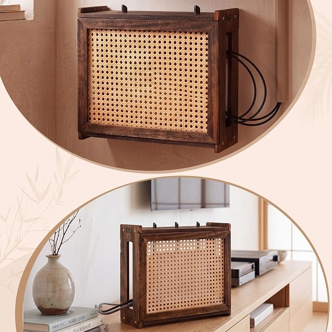 Wi-Fi Router Box Hider, Wi-Fi Router Storage Box with Synthetic Rattan Decor, Modem Cable Cover Organized, Power Strip Cable Hider Rack(Dark Wood Color,15.8 x 5.5 x 13.4 Inches,Wood)