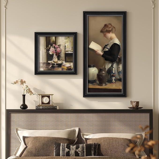 Framed Vintage Wall Art Set of 2 for Bedroom, French Country Cottage Core Canvas Prints Pictures Wall Decor, Victorian Girl Floral Painting for Living Room Office Dining Room Kitchen Wall Decor