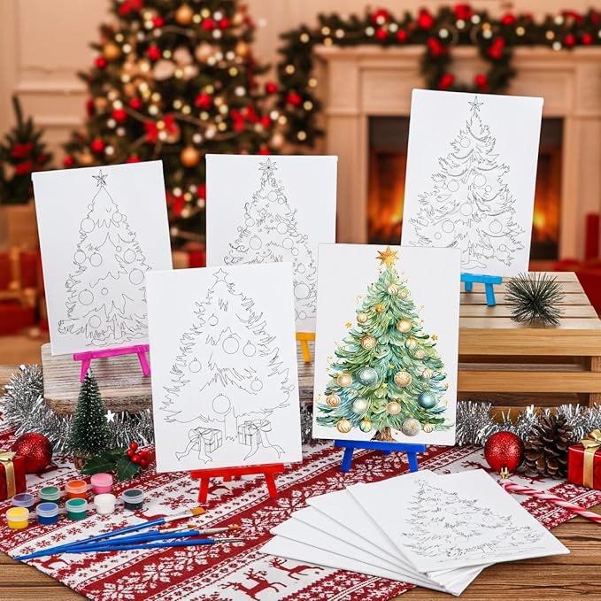 Blosssound 10 Set Pre Printed Canvas Pre Drawn Canvas Painting with Easel Kits 5" x 7" Outline Painting Panels for Beginners, DIY Craft Project, Party Favor, Home Decors (Christmas Tree)