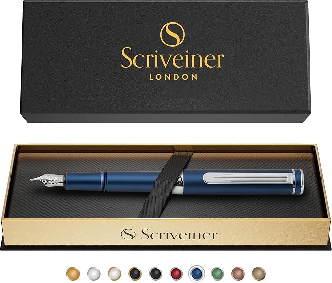 Scriveiner Luxury EDC Fountain Pen (Medium), Stunning Matt Blue Pocket Pen, Chrome Finish, Schmidt German Nib, Converter, Best Writing Pen Gift Set for Men & Women, Nice Fancy Office Designer Pen