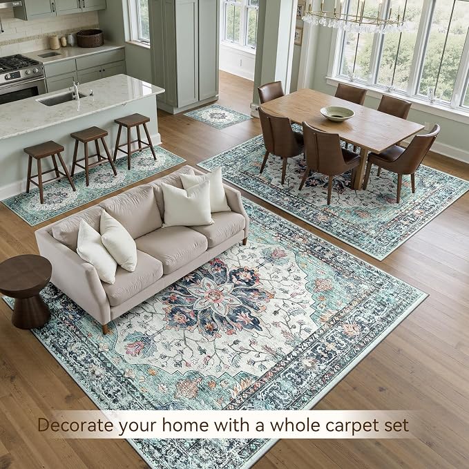 RELEANY Area Rugs 6'x8' Washable Non-Slip, Floral Vintage Distress Medallion Carpet for Living Room Bedroom Dining Room, Green Navy Blue White Red Teal